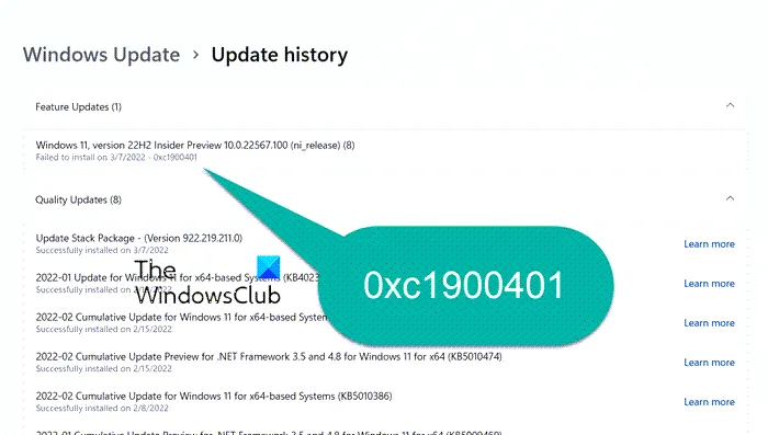 Correction de l'erreur de mise à jour Windows 0xc1900401