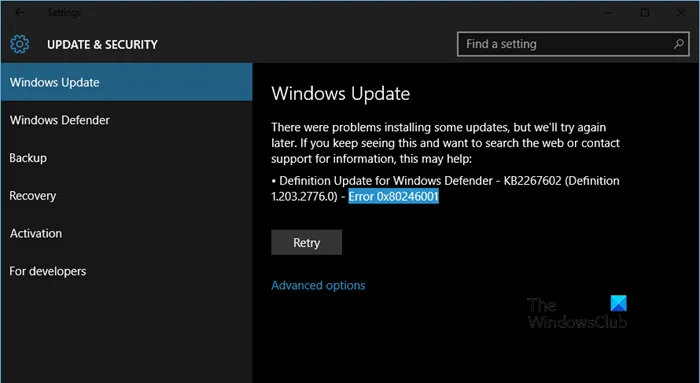 Erreur de mise à jour Windows 0x80246001