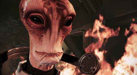 Mass Effect 3 Mordin close up with fire in the background