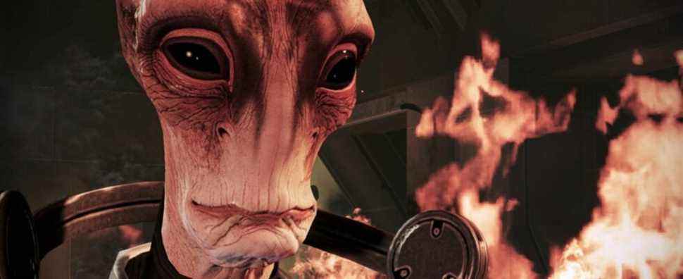 Mass Effect 3 Mordin close up with fire in the background