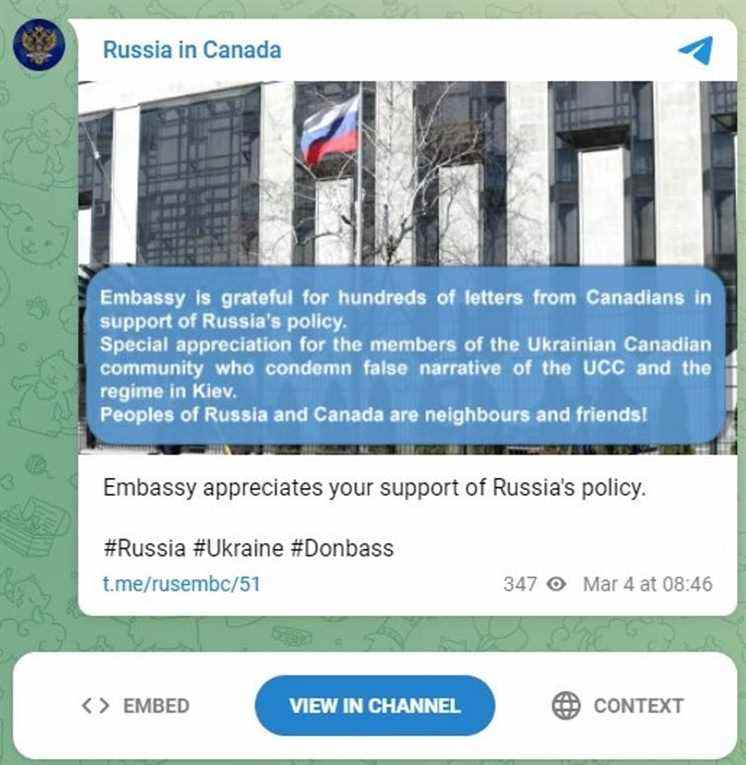 Une capture d'écran montre un message Telegram remerciant le public canadien d'avoir soutenu la Russie.