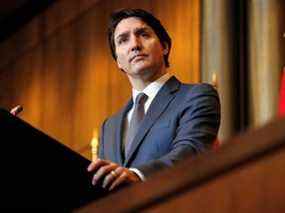 Le premier ministre du Canada, Justin Trudeau, prend la parole lors d'une conférence de presse à Ottawa, Ontario, Canada, le 22 mars 2022.