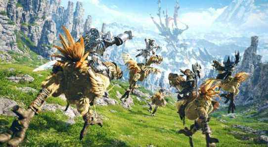 final fantasy 14 promo art of chocobos running into the distance