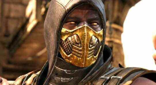 A face close-up of Scorpion from Mortal Kombat 10.