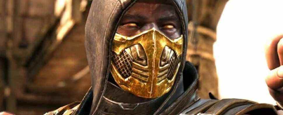 A face close-up of Scorpion from Mortal Kombat 10.