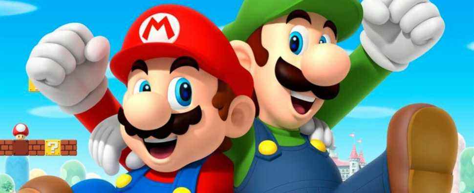 Mario & Luigi holding each other in a