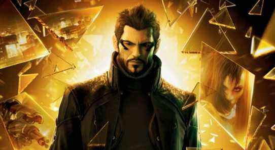 Best RPG Soundtracks a shot of Adam Jensen from Deus Ex: Human Revolution stood against a yellow background with fractured glass reflecting locations and characters from the game surrounding him