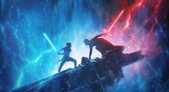 The movie cover of Episode IX: Rise of Skywalker. Featuring a duel between Rey and Kylo Ren.