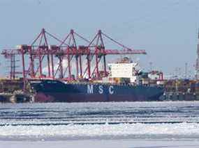 Un porte-conteneurs est amarré au port de Montréal.