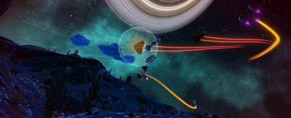 Image from No Man's Sky and the Outlaws patch showing ships flying around doing battle.