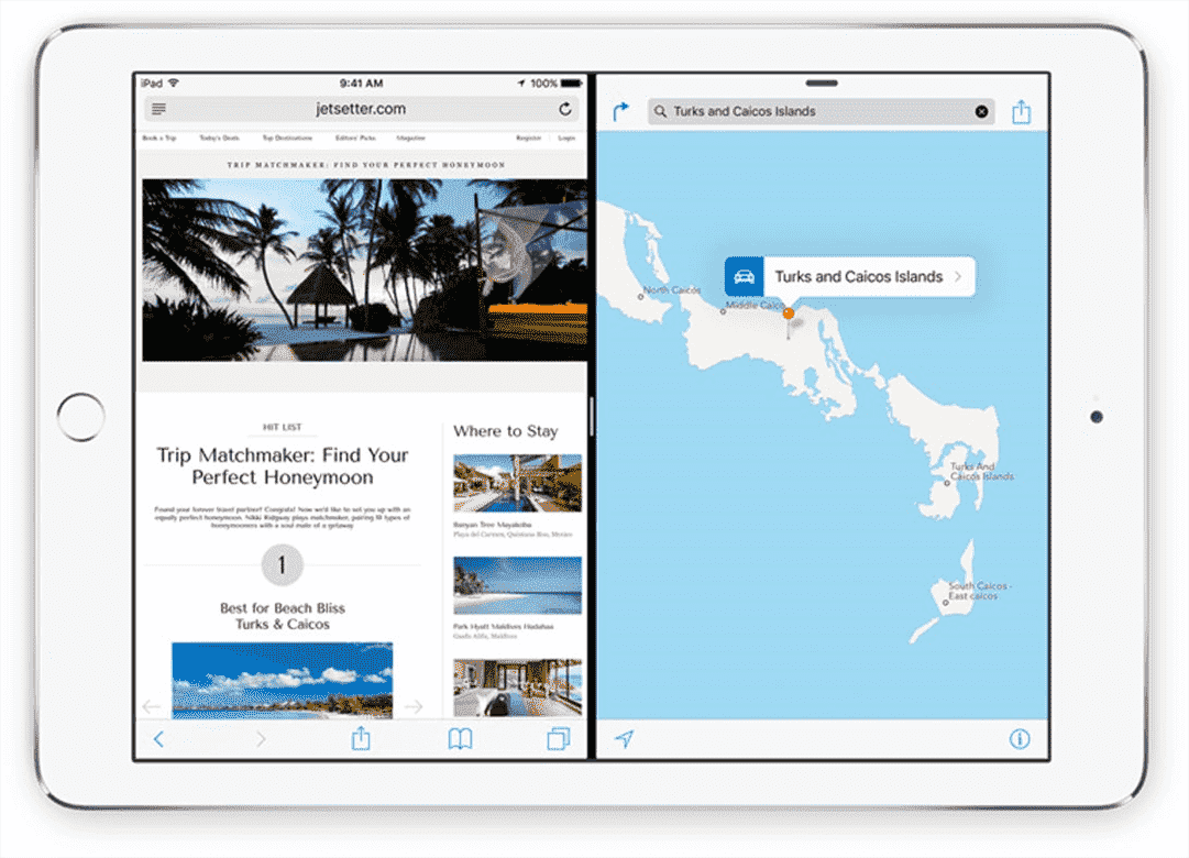 Un iPad avec Safari sur le côté gauche de l'écran et Maps sur la droite