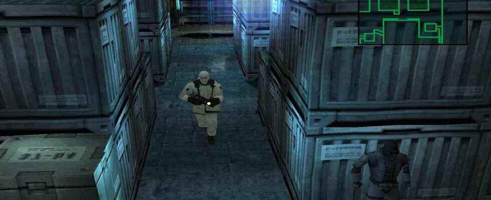 Image from Metal Gear Solid showing Snake hiding from an enemy.