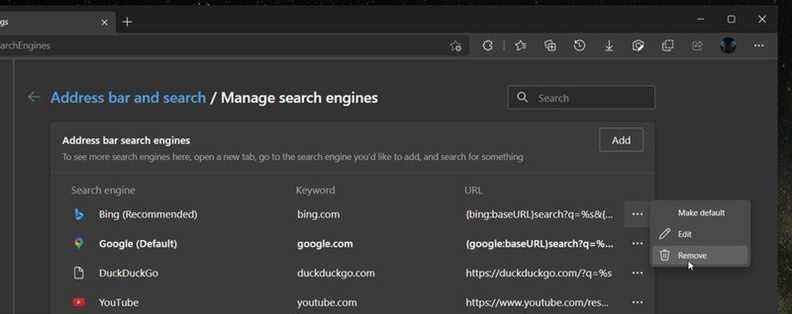 Edge Supprimer le moteur de recherche par défaut
