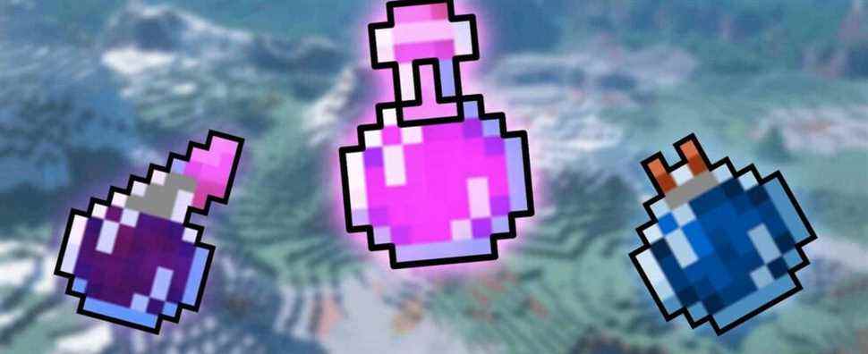 Image from Minecraft showing some potions with the world blurry in the background.