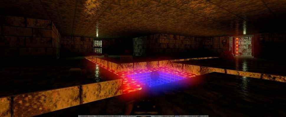 A screenshot from the original Doom showing modern ray tracing lighting effects.