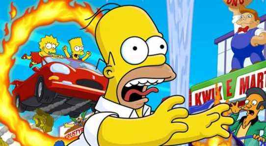 Homer screaming and running away from car.