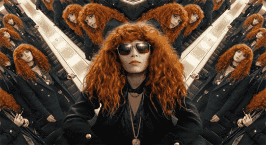 Nadia in her black outfit in a kaleidoscopic hall of mirrors in Russian Doll