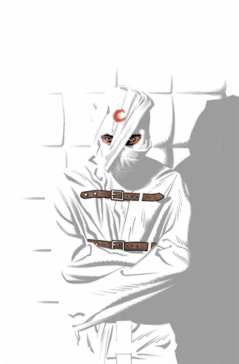 Moon Knight regarde le spectateur depuis une cellule capitonnée.  Il a une veste droite entièrement bouclée et sa tête est grossièrement enveloppée dans du tissu avec son symbole de croissant de lune sur son front dans ce qui est vraisemblablement du sang.  Les murs, ses vêtements et le voile autour de sa tête sont d'un blanc froid.  La couverture de Moon Knight #1 (2016).