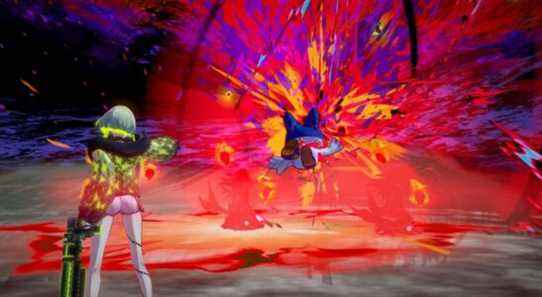Soul Hackers 2 protagonist Ringo blasting an enemy Jack Frost in combat
