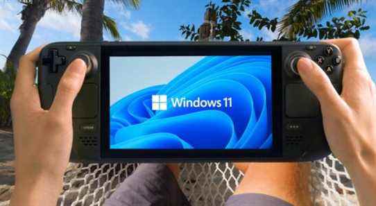 An image of someone holding a Steam Deck which has the Windows 11 logo on the screen.