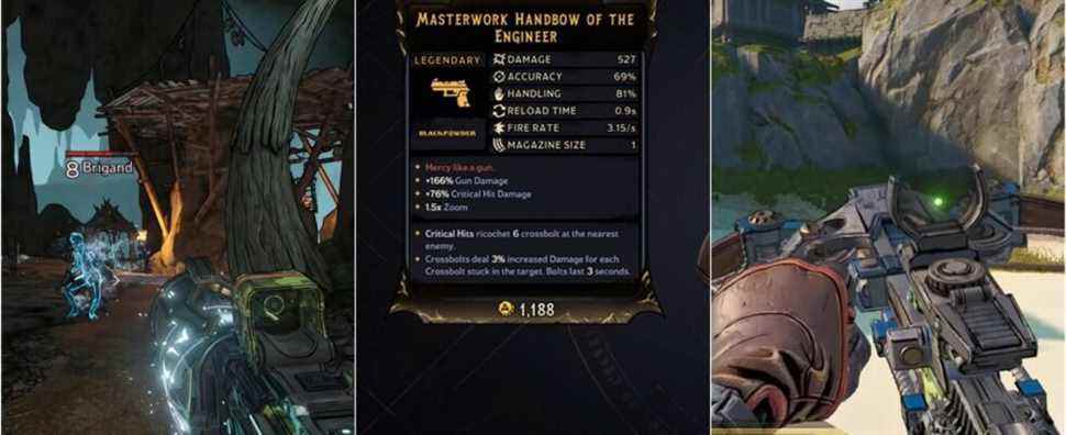 Tiny Tina Wonderlands split image of frost SMG and Thumbsbane firing, Handbow stats