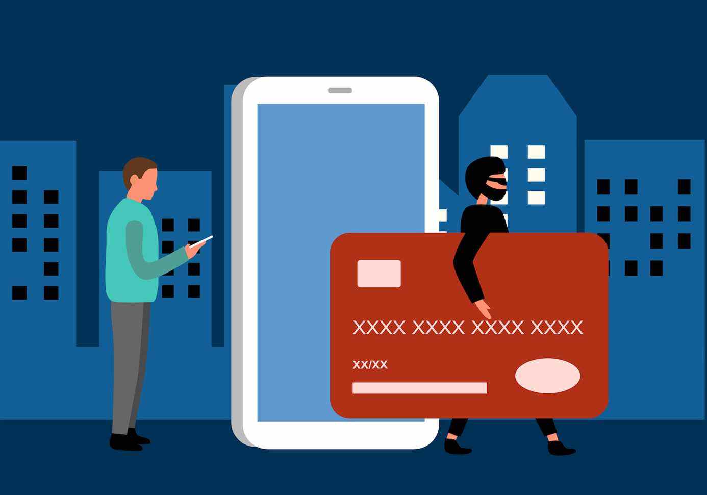 Concept d'escroquerie de paiement en ligne par carte de crédit.  Un pirate Internet vole de l'argent de la cybercriminalité à partir d'une application de paiement pour smartphone.