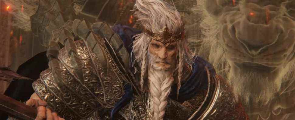 A face close-up of Godfrey, the First Elden Lord from Elden Ring.