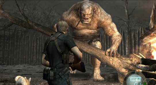 Image from Resident Evil 4 showing Leon about to fight El Gigante.