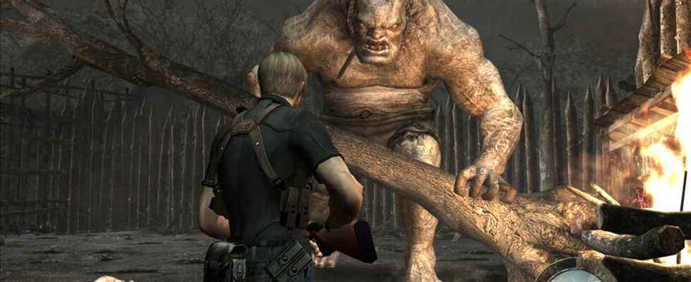 Image from Resident Evil 4 showing Leon about to fight El Gigante.