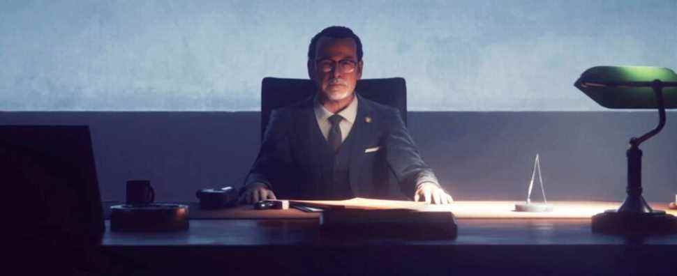 Former Bureau Director Zachariah Trench sitting at his desk in a Control cutscene