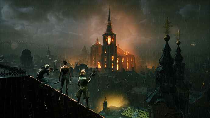 Un groupe de joueurs de Bloodhunt se tient ensemble sur un toit et regarde au loin un bâtiment en feu.