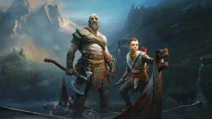 Kratos et Atreus chevauchant ensemble dans un bateau dans l'art promotionnel de God of War.