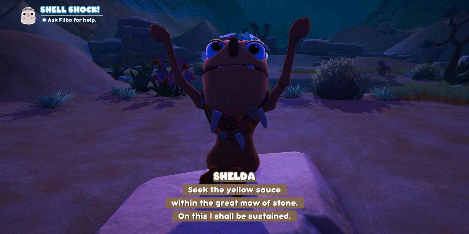 un personnage de dessin animé orange nommé Shelda avec ses bras au-dessus de sa tête.  Elle dit les mots 