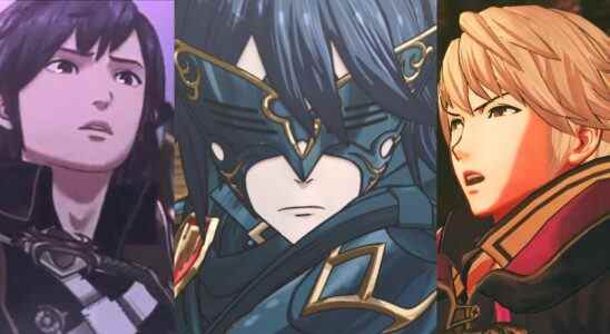 Chrom staring at Lucina in a cutscene; Lucina in disguise as Marth in a cutscene; Robin in a cutscene from Fire Emblem Warriors