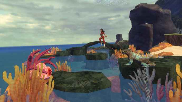 L'un des trois personnages de Sephonie saute à travers un espace entre des rochers sur le rivage de l'île titulaire.  Un grand lézard regarde
