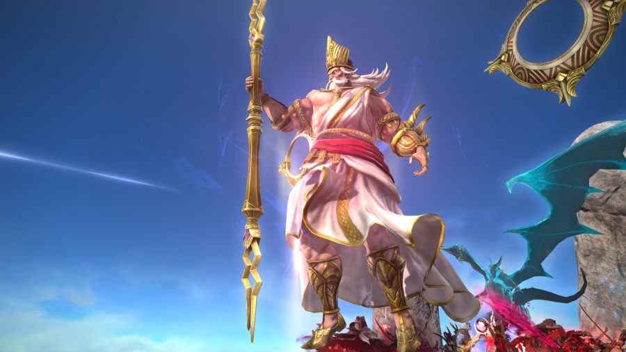 Final Fantasy XIV Aglaia Raid: Rhalgr debout devant un ciel bleu alors qu'il brandit un bâton doré
