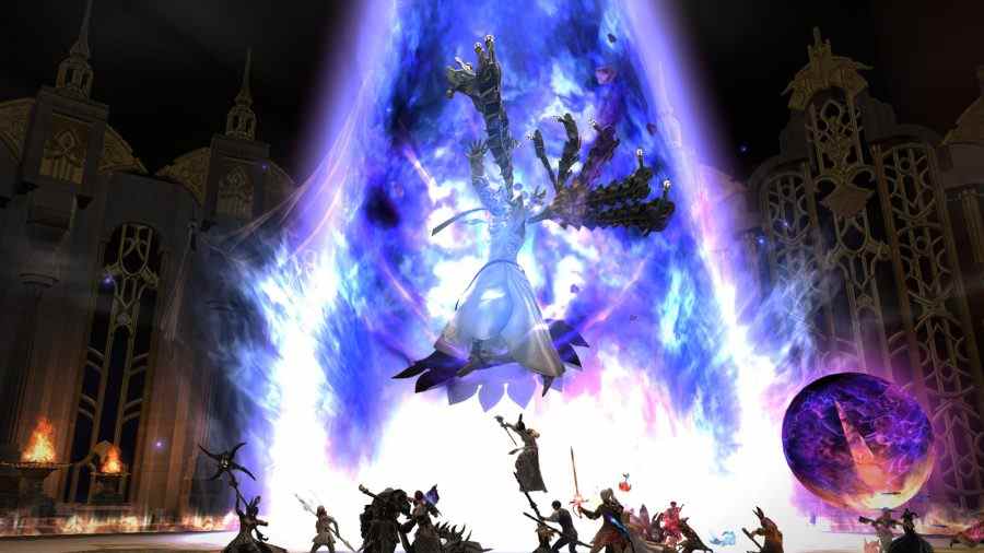 Final Fantasy XIV Aglaia Raid : Nald'Thal flottant dans les airs entouré d'énergie bleue