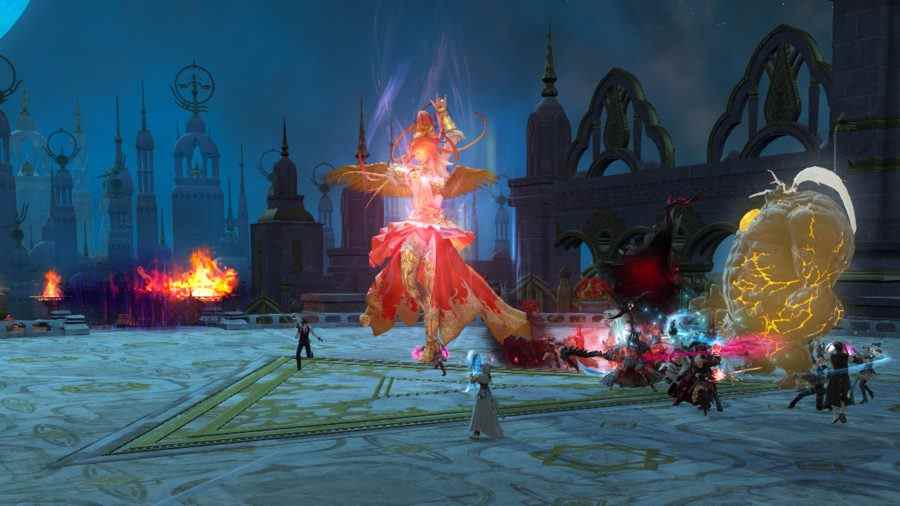 Final Fantasy XIV Aglaia Raid : un groupe de joueurs se battant contre Azeyma