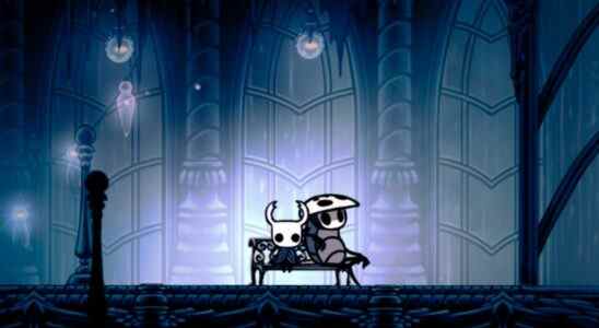 Hollow Knight the Knight and Quirrell sitting on the first bench in the City of Tears