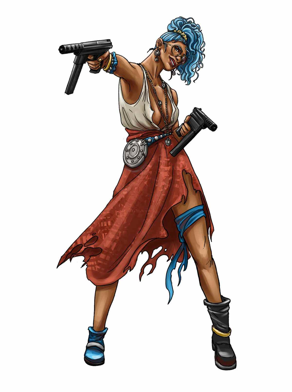 Une femme fringante aux cheveux bleus et aux vêtements dépareillés se déchaîne avec un pistolet automatique.