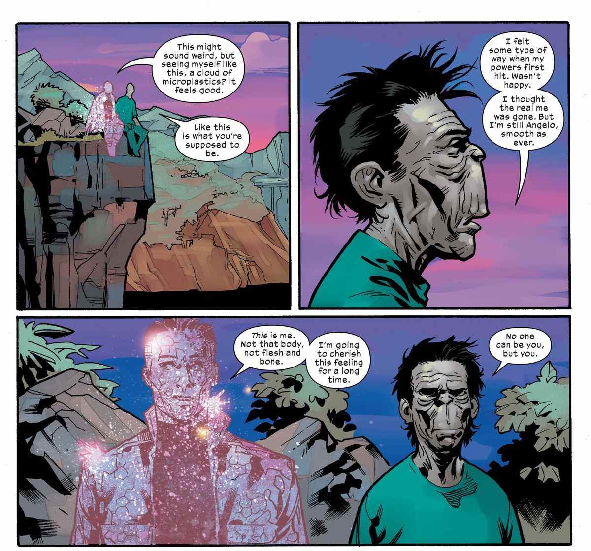 Mutants Skin et Madison Jeffries sont assis sur une falaise à Krakoa et discutent du sentiment d'être chez eux dans leurs corps mutants dans Sabretooth # 3 (2022)