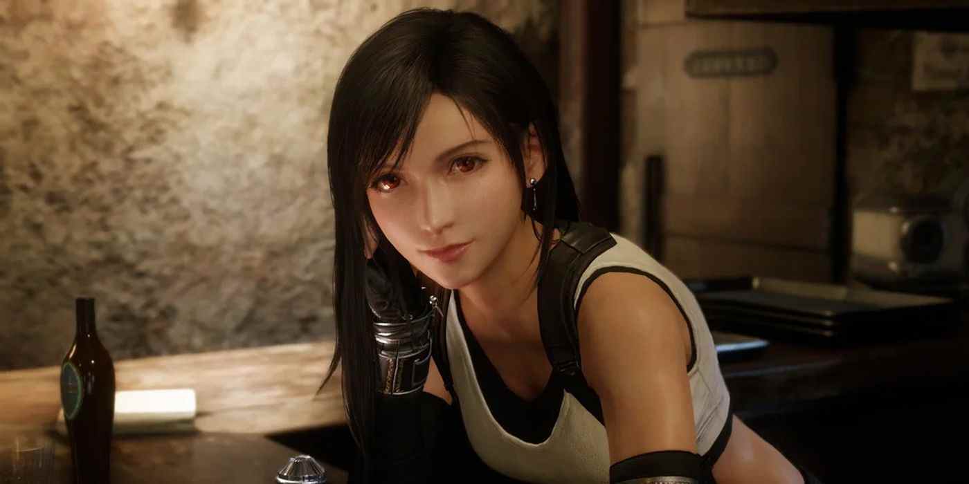 Tifa Lockhart se penche sur un bar dans Final Fantasy 7 Remake Part One.