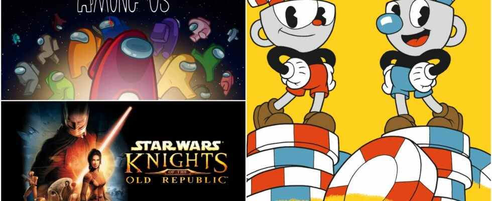 Among Us, KOTOR, and Cuphead Title Images