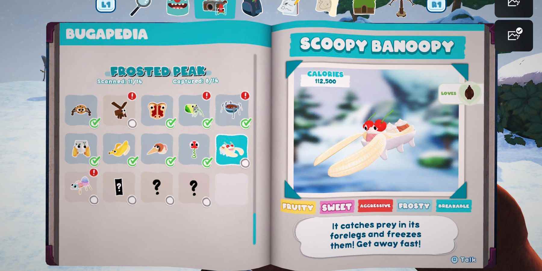 une page de cahier avec une liste de Bugsnax sur la page de gauche et une photo d'un banana split vivant sur la droite sous le nom de Scoopy Banoopy