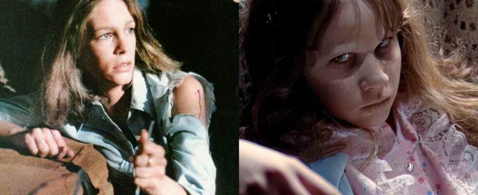 Split image of Laurie Strode in Halloween and Reagan MacNeil in The Exorcist