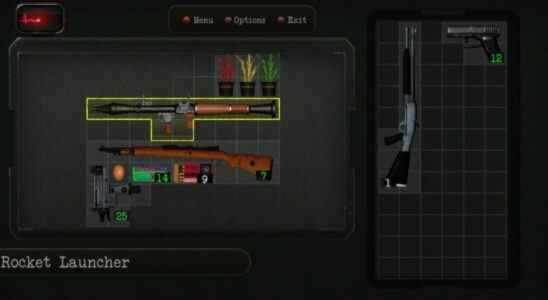 A Resident Evil inventory contains weapons, ammo, and herbs.