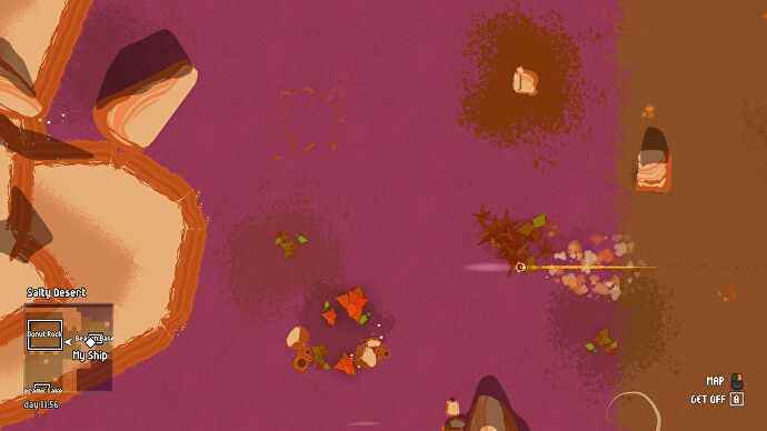 Le personnage du joueur dans FixFox traversant à toute vitesse un désert violet et orange