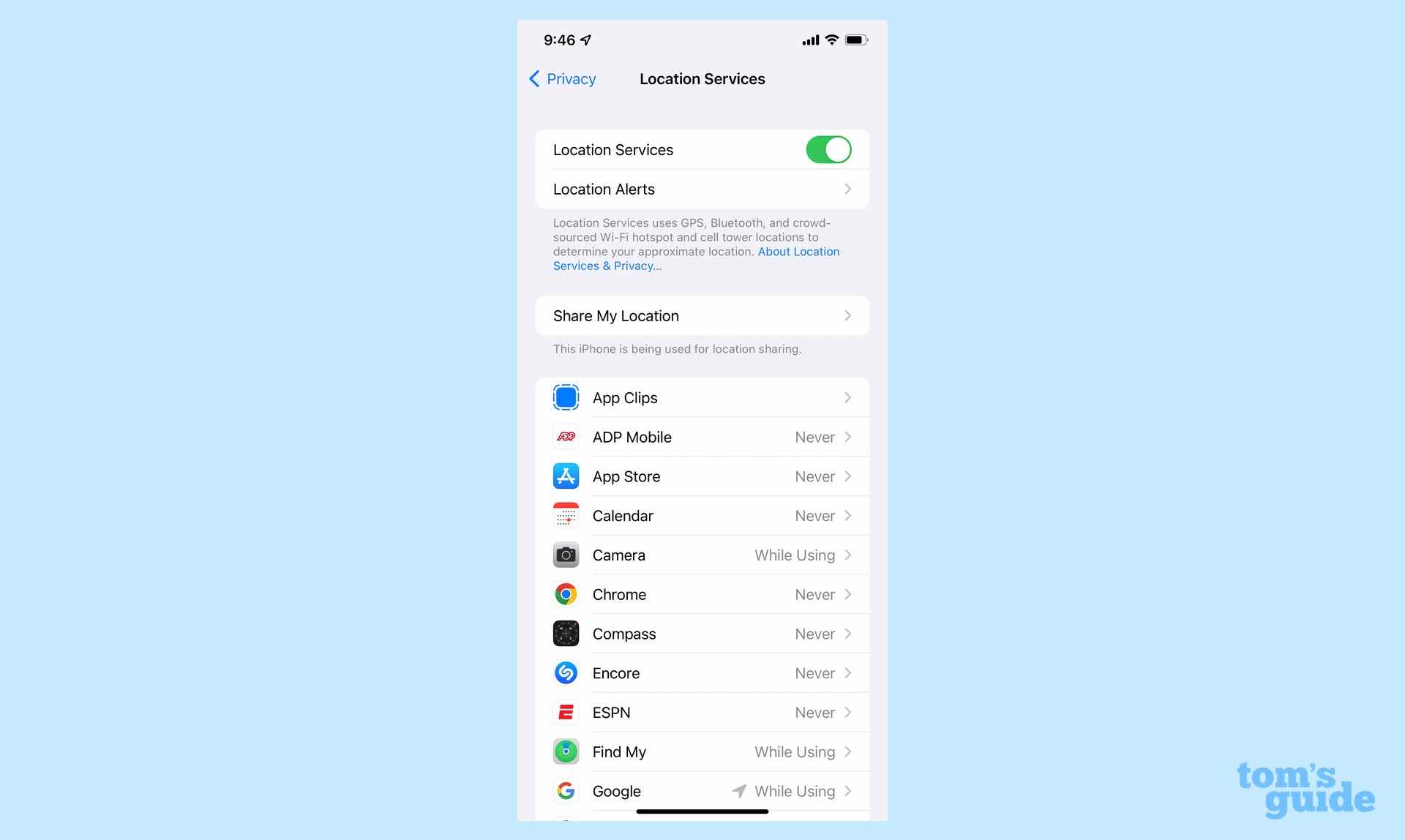 Paramètres de localisation pour les applications sur iOS 15