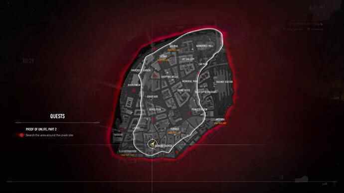 L'emplacement de la carte de l'hélicoptère écrasé pour la quête Preuve de non-vie dans Vampire the Masquerade: Bloodhunt.