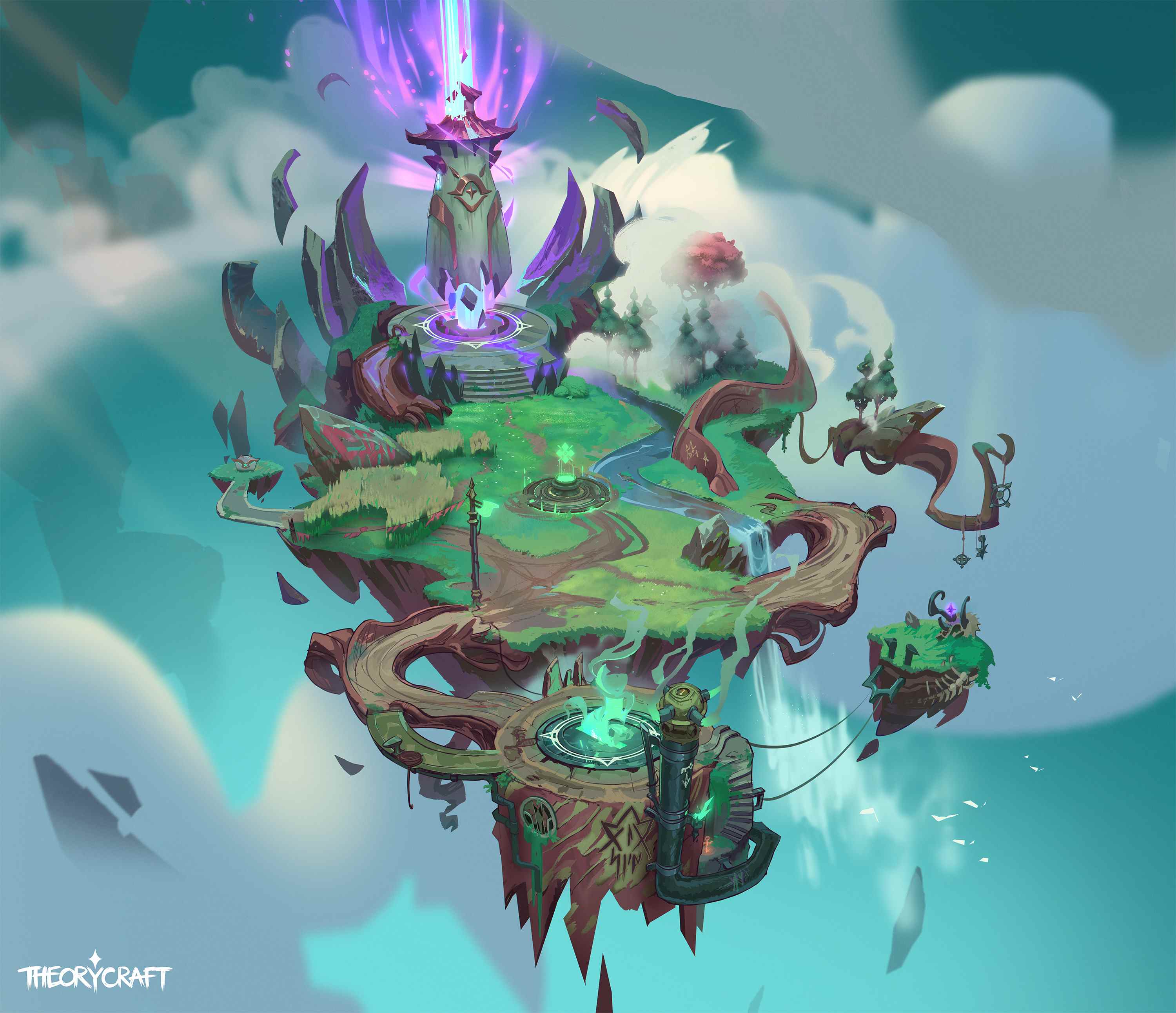 Art conceptuel de Loki mettant en vedette des fontaines magiques sur une île flottante